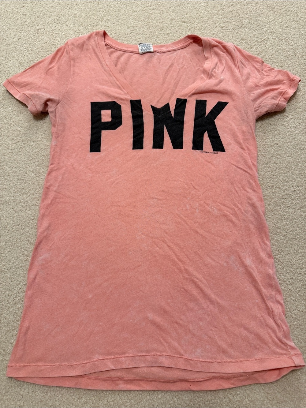 PINK Victoria's Secret Coral V-Neck Logo Tee with Black Print